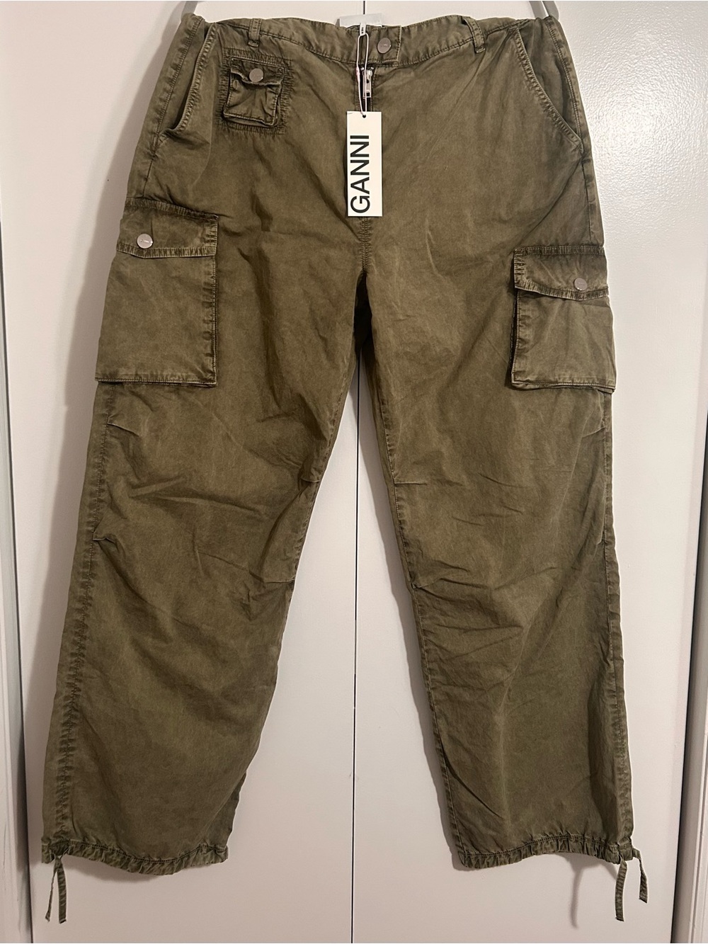 Ganni Olive Green Cargo Pants with Drawstring Ankles
